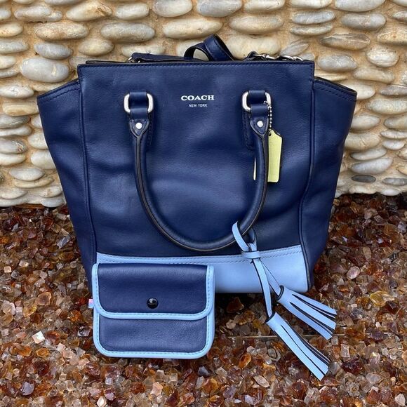 Authentic COACH Two Tone Blue Colorblock Leather Tanner Legacy Tote & Coin Pouch - Picture 3 of 13